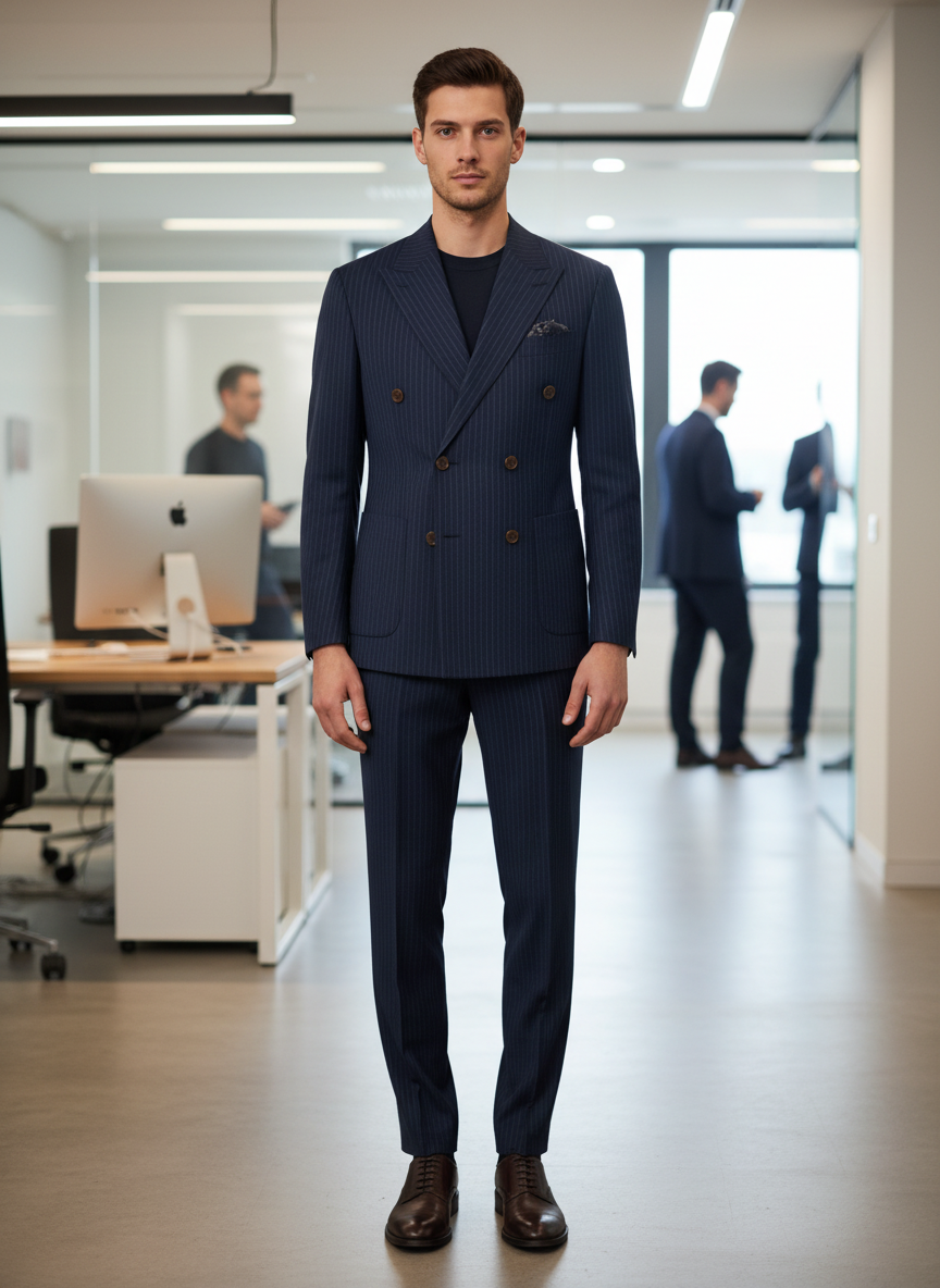 Men’s Double-Breasted Navy Pinstripe Suit – Tailored Two-Piece Set for Business & Formal Wear