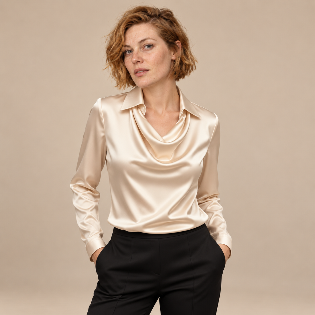 Satijnen damesblouse met gedrapeerde kraag en lange mouwen