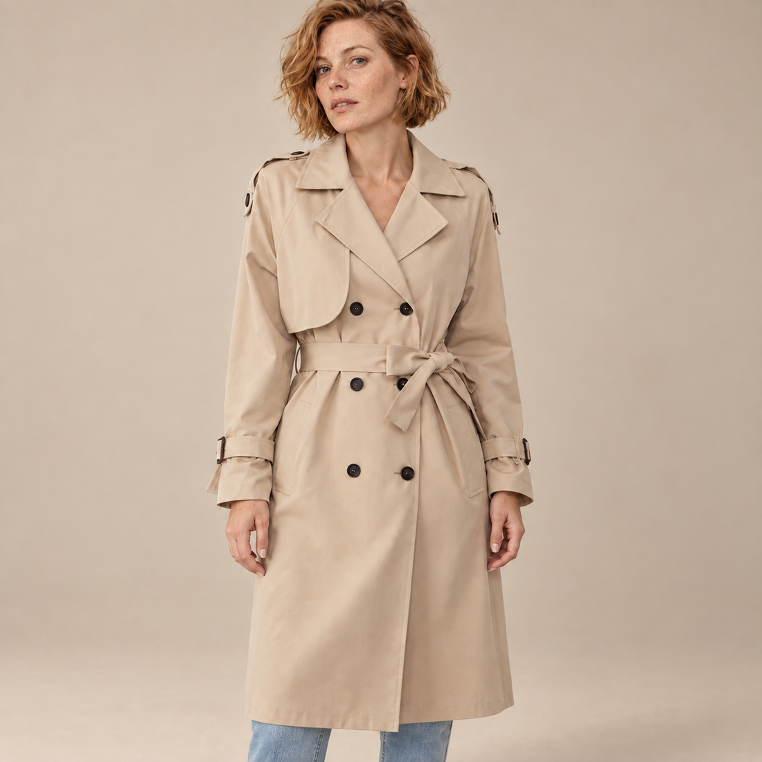 Dubbelrijige damestrenchcoat met ceintuur in de taille