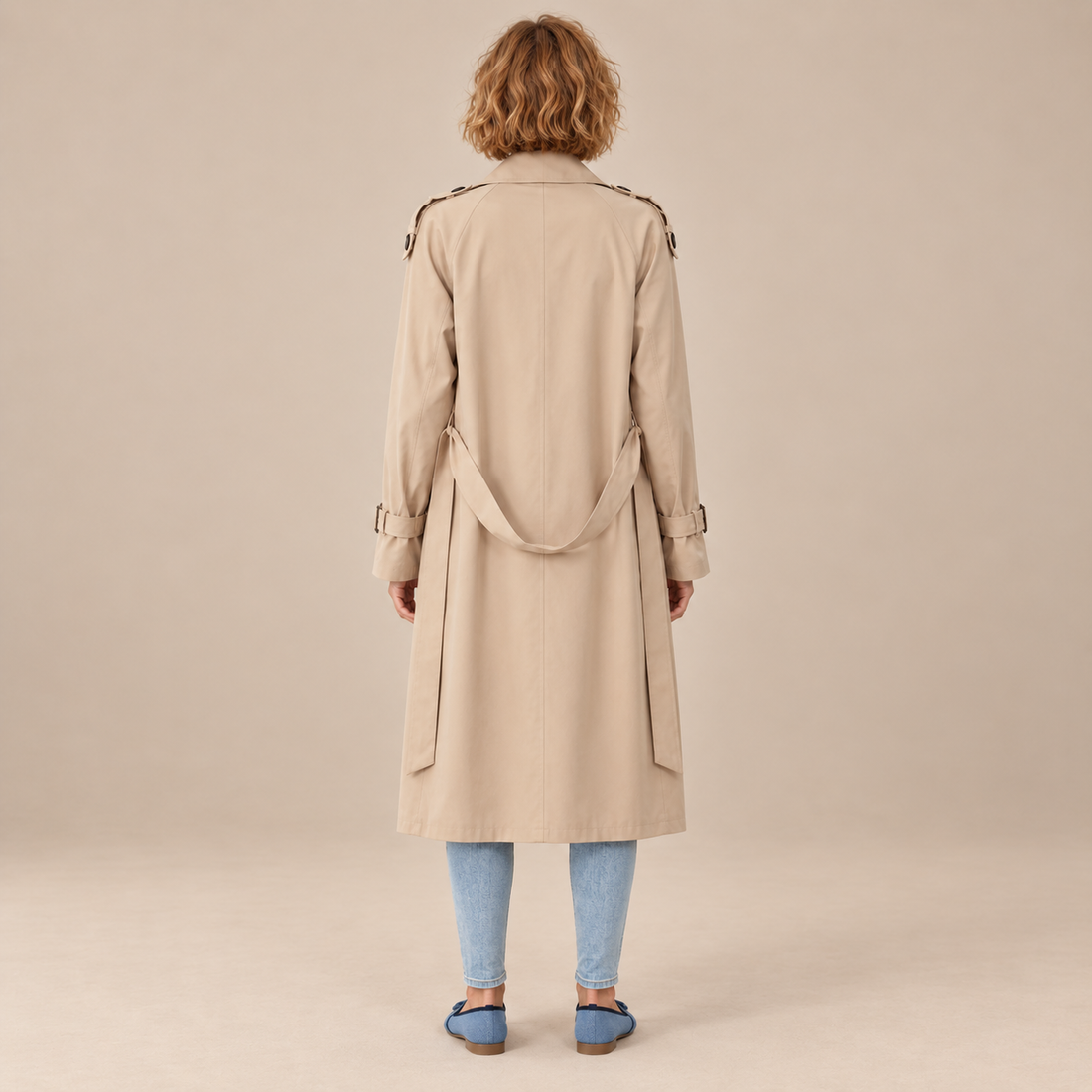 Dubbelrijige damestrenchcoat met ceintuur in de taille