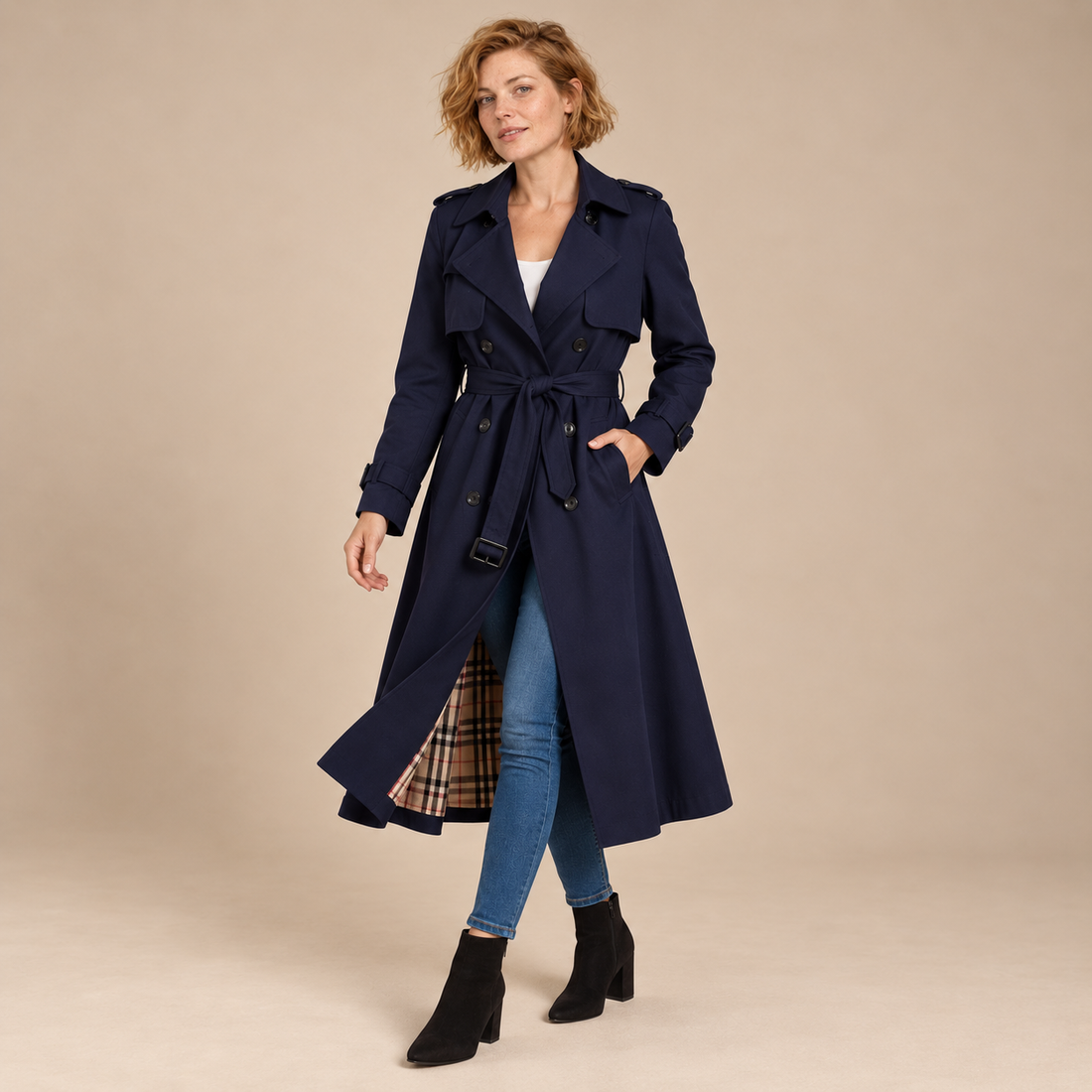 Dubbelrijige damestrenchcoat met strikceintuur