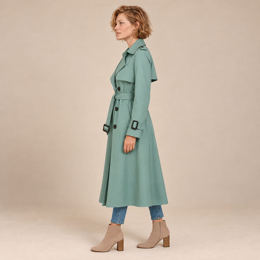 Dubbelrijige damestrenchcoat met strikceintuur