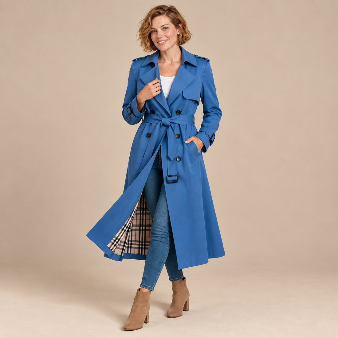 Dubbelrijige damestrenchcoat met strikceintuur