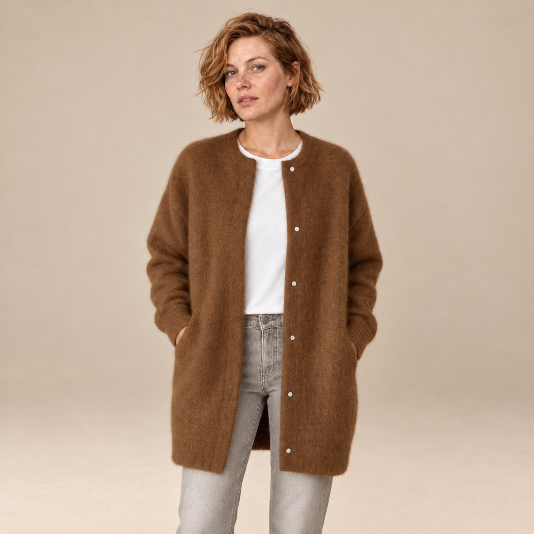 Damesvest met knoopsluiting en geribde boorden