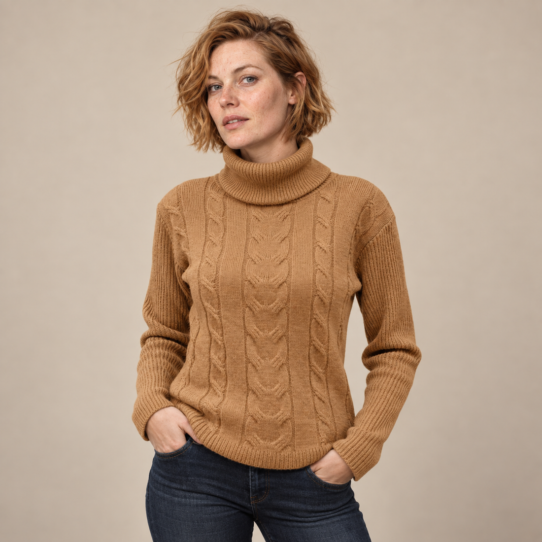 Kabeltrui voor dames met col en lange mouwen