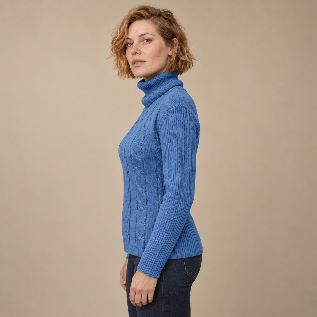 Kabeltrui voor dames met col en lange mouwen