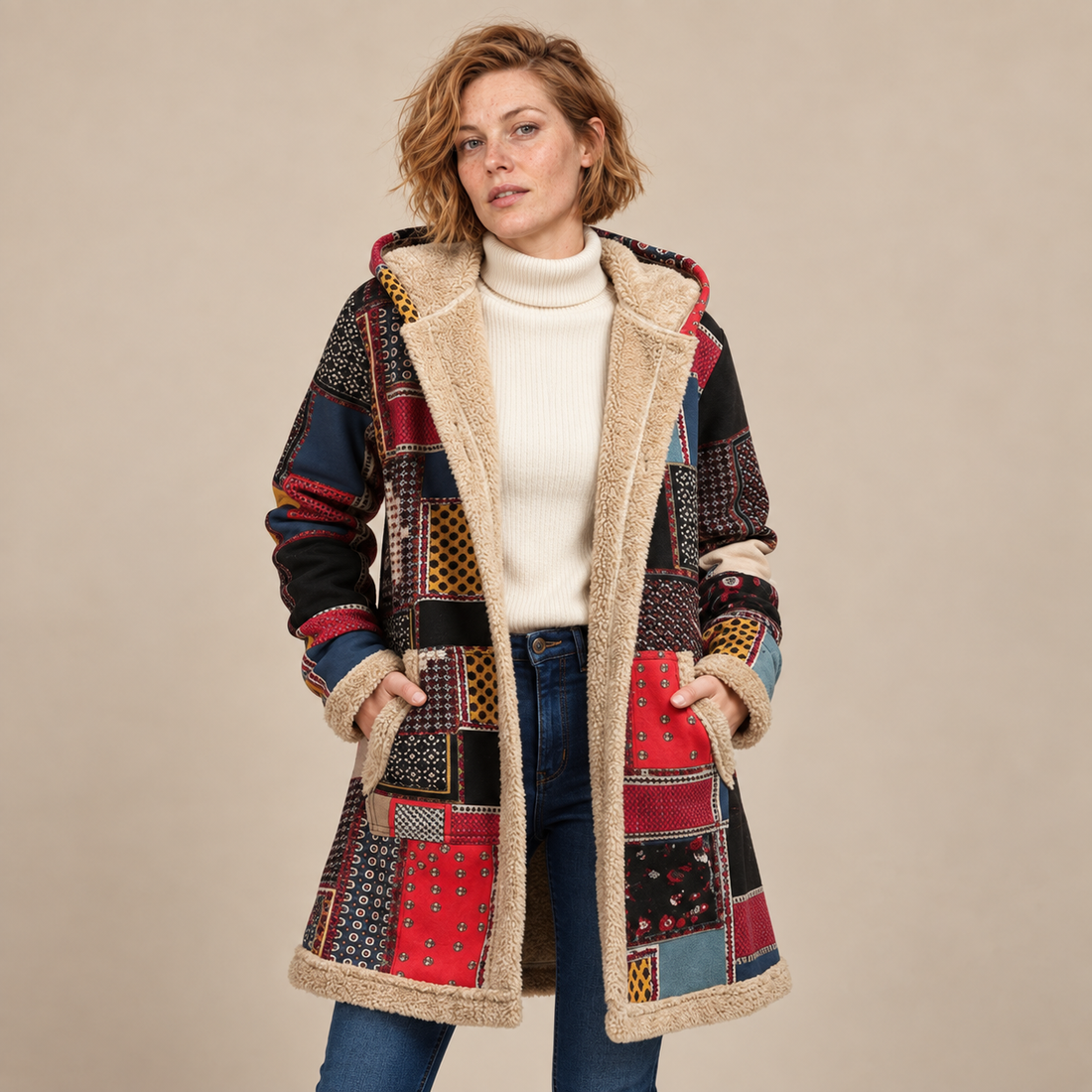 Overjas voor dames met capuchon, rits en patchworkafwerking