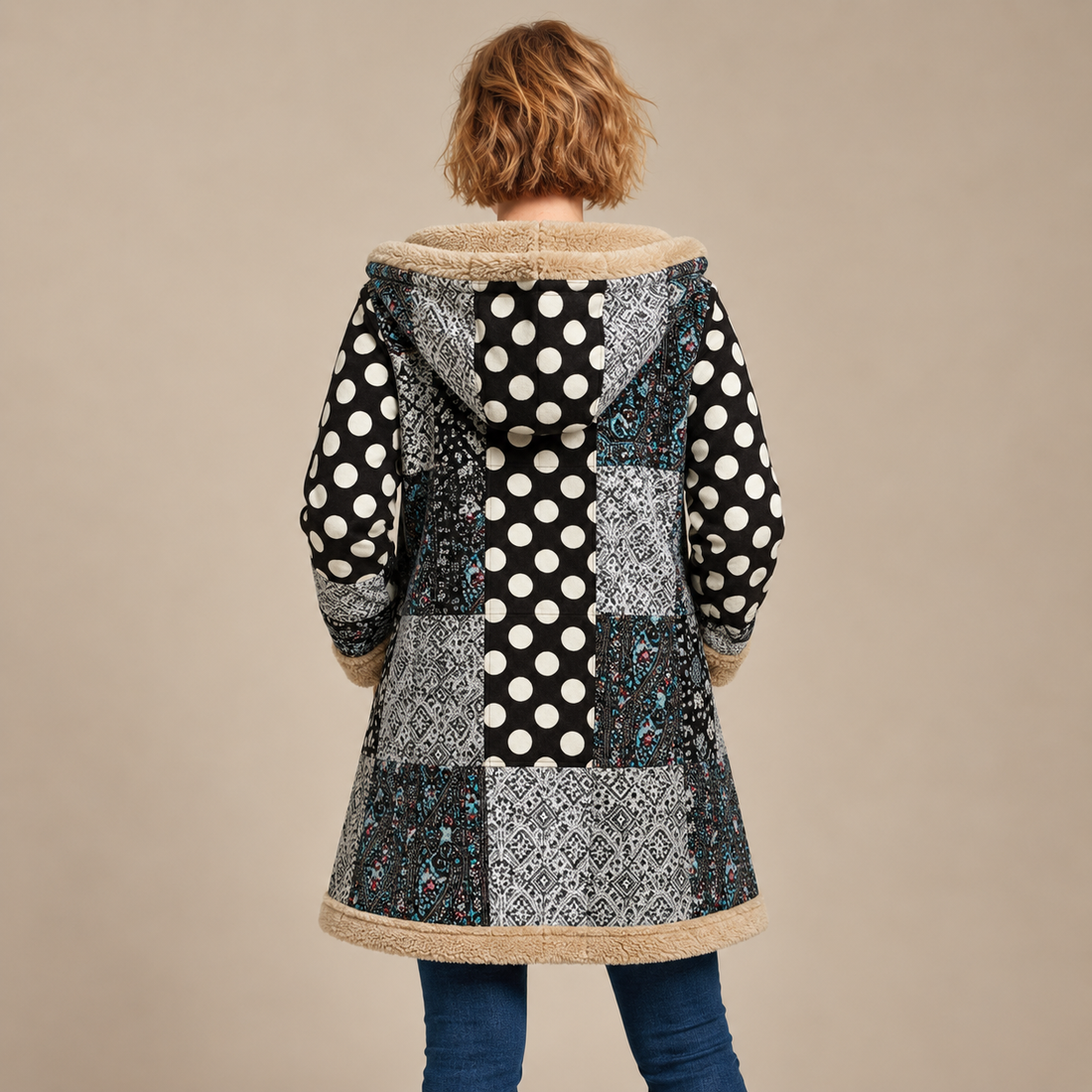 Overjas voor dames met capuchon, rits en patchworkafwerking