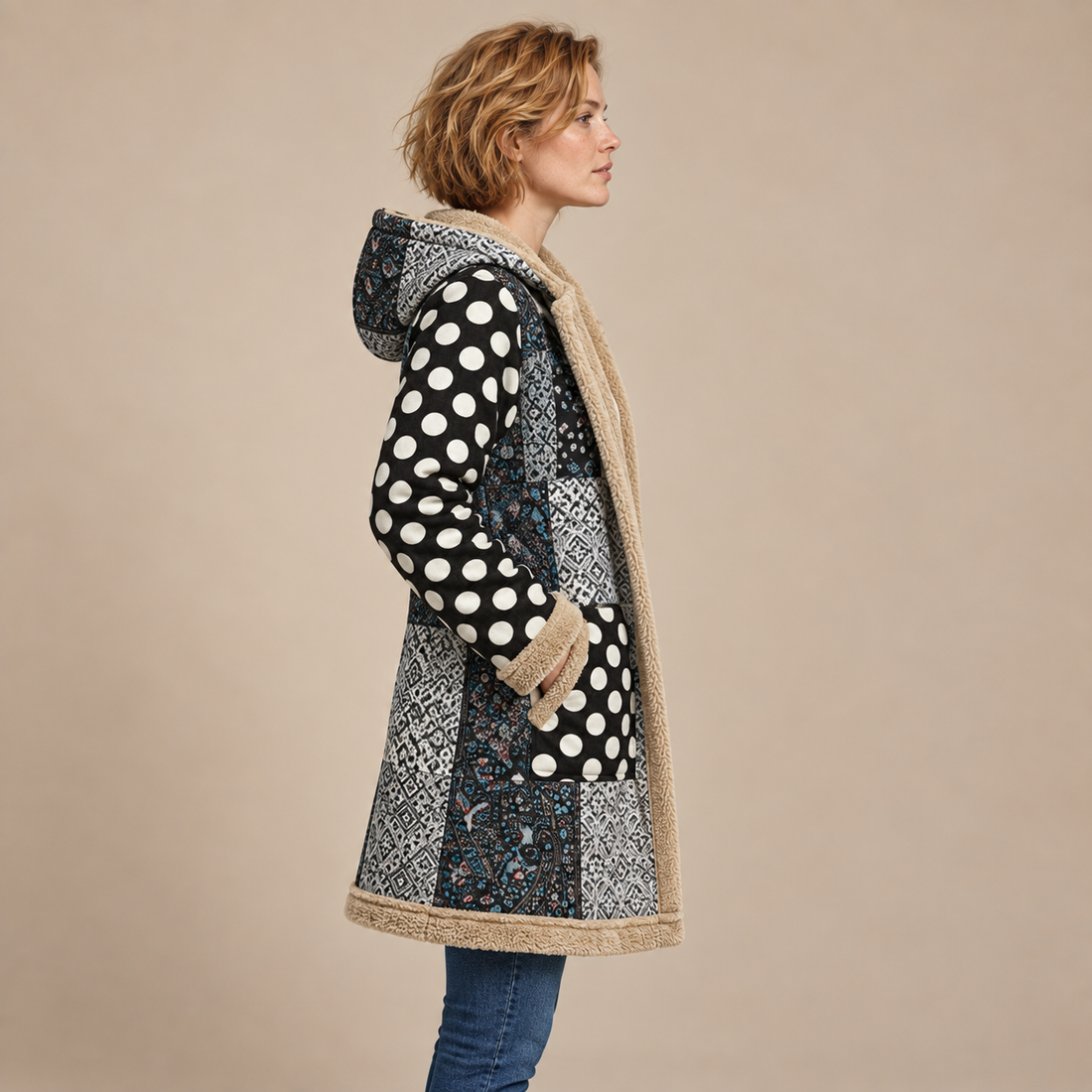 Overjas voor dames met capuchon, rits en patchworkafwerking
