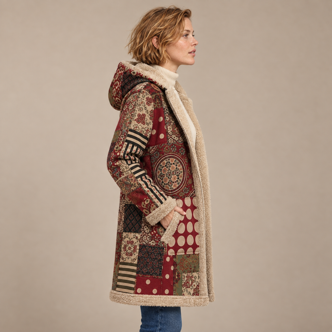 Overjas voor dames met capuchon, rits en patchworkafwerking