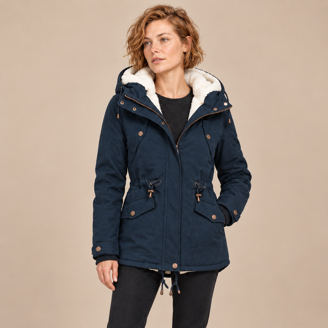 Damesparka met capuchon en sherpavoering voor de winter