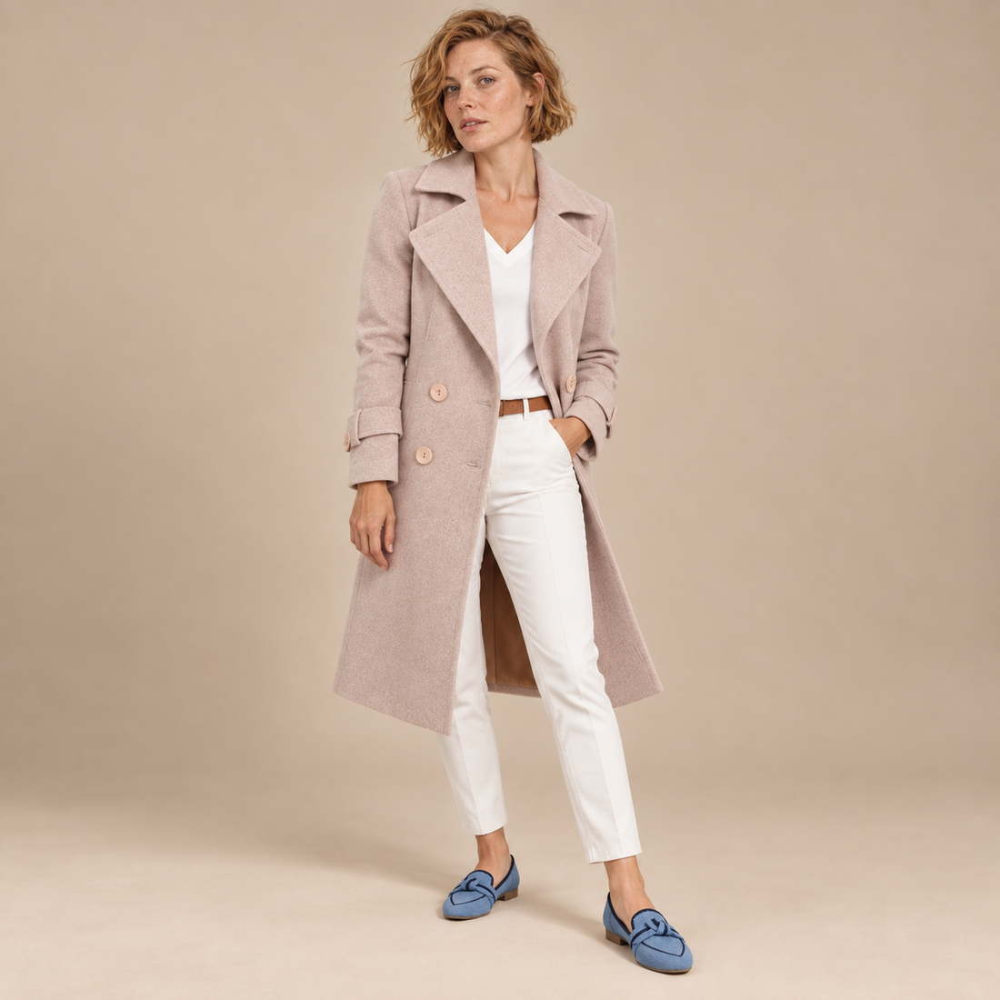 Halflange dubbelrijige damestrenchcoat met ceintuur en brede revers