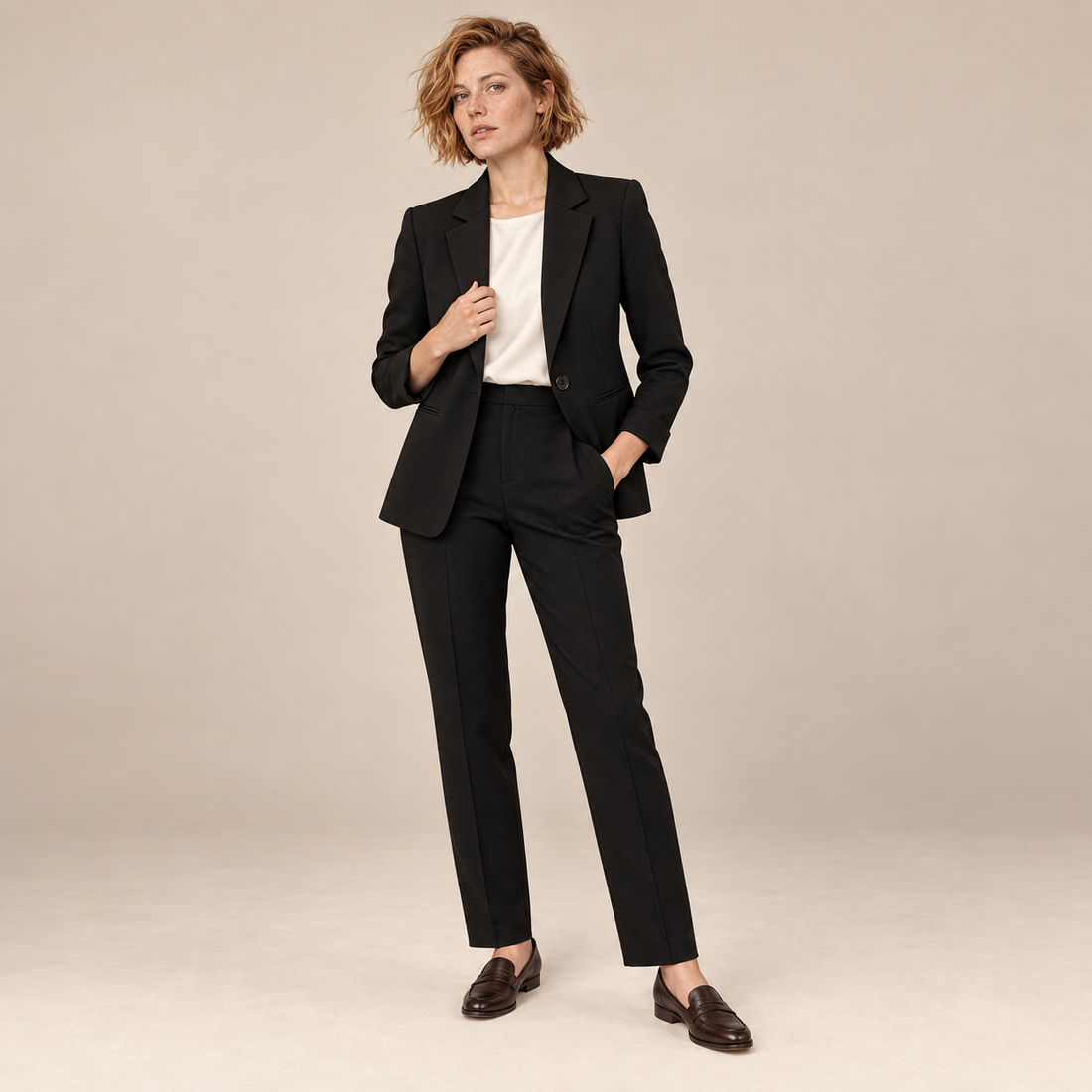 Damespak met getailleerde blazer en pantalon