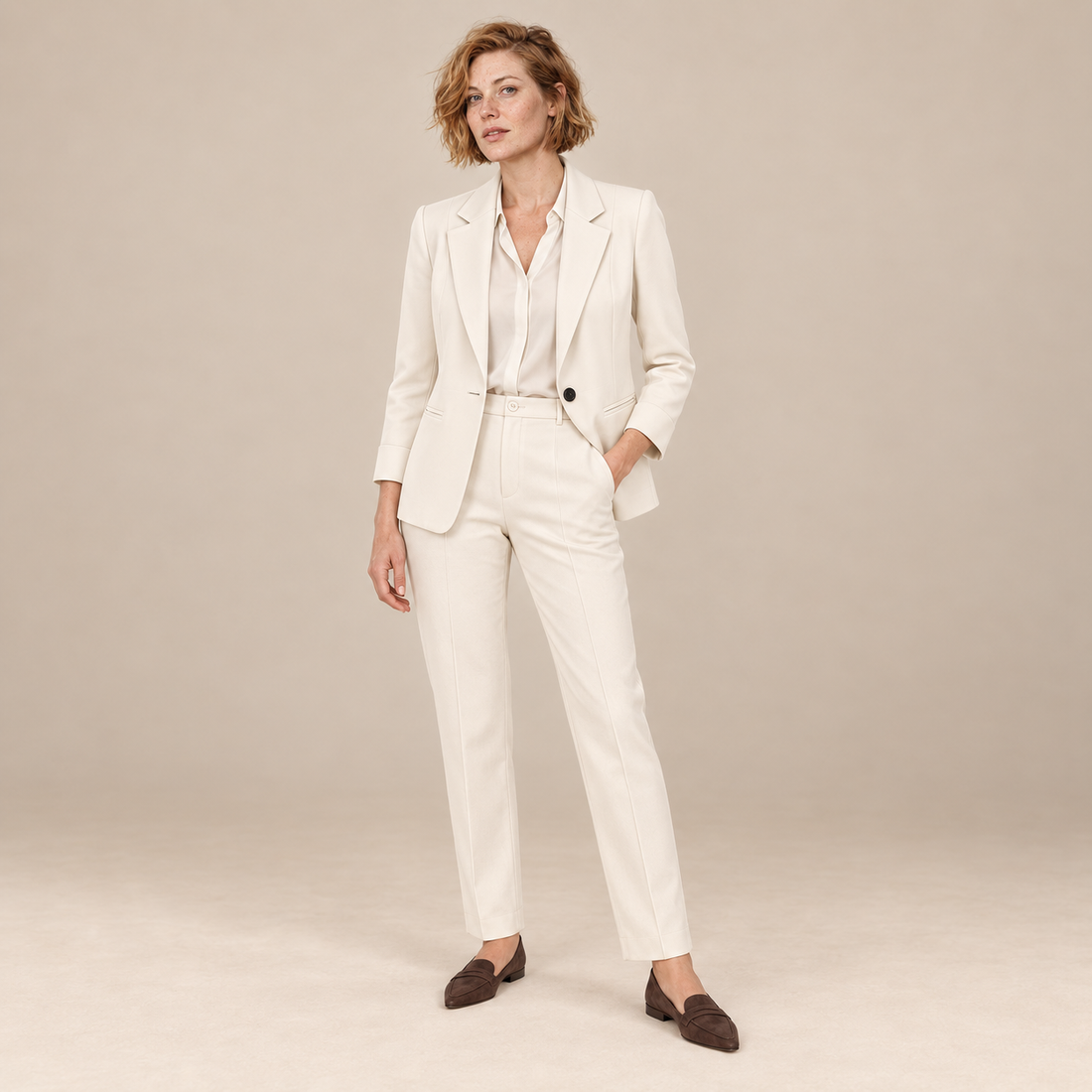 Damespak met getailleerde blazer en pantalon