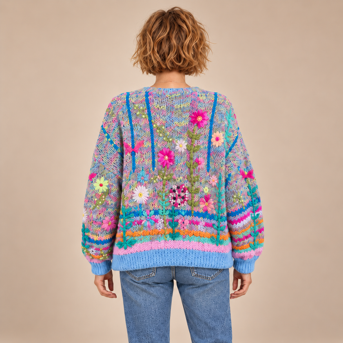 Gebreid damesvest met bloemenborduursel en knoopsluiting