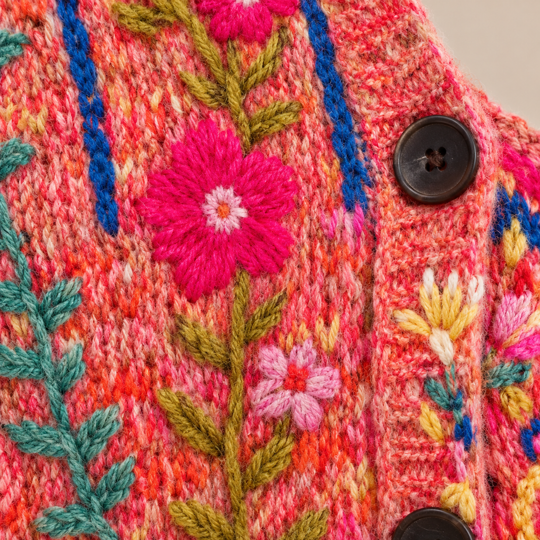Gebreid damesvest met bloemenborduursel en knoopsluiting