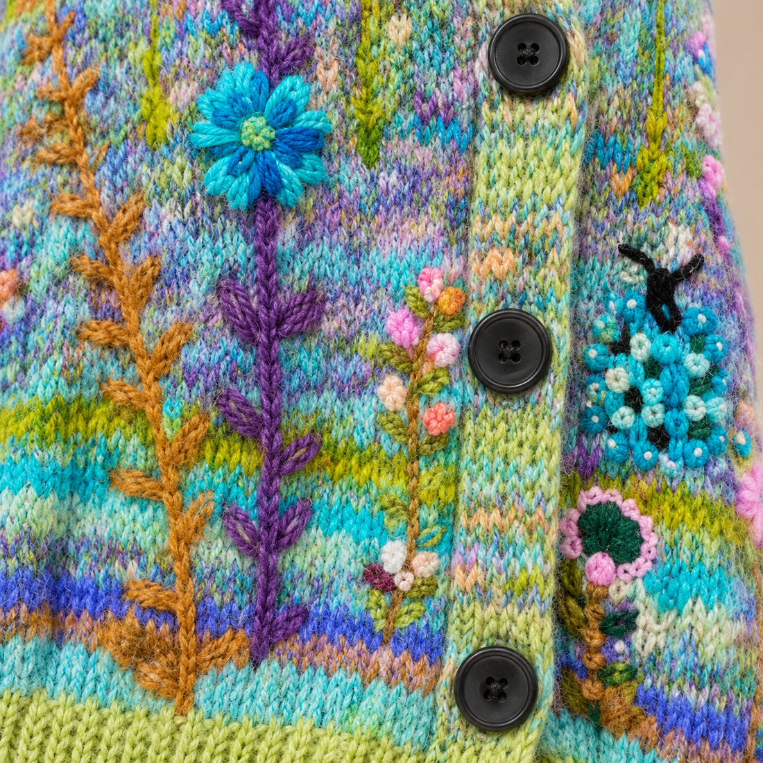 Gebreid damesvest met bloemenborduursel en knoopsluiting