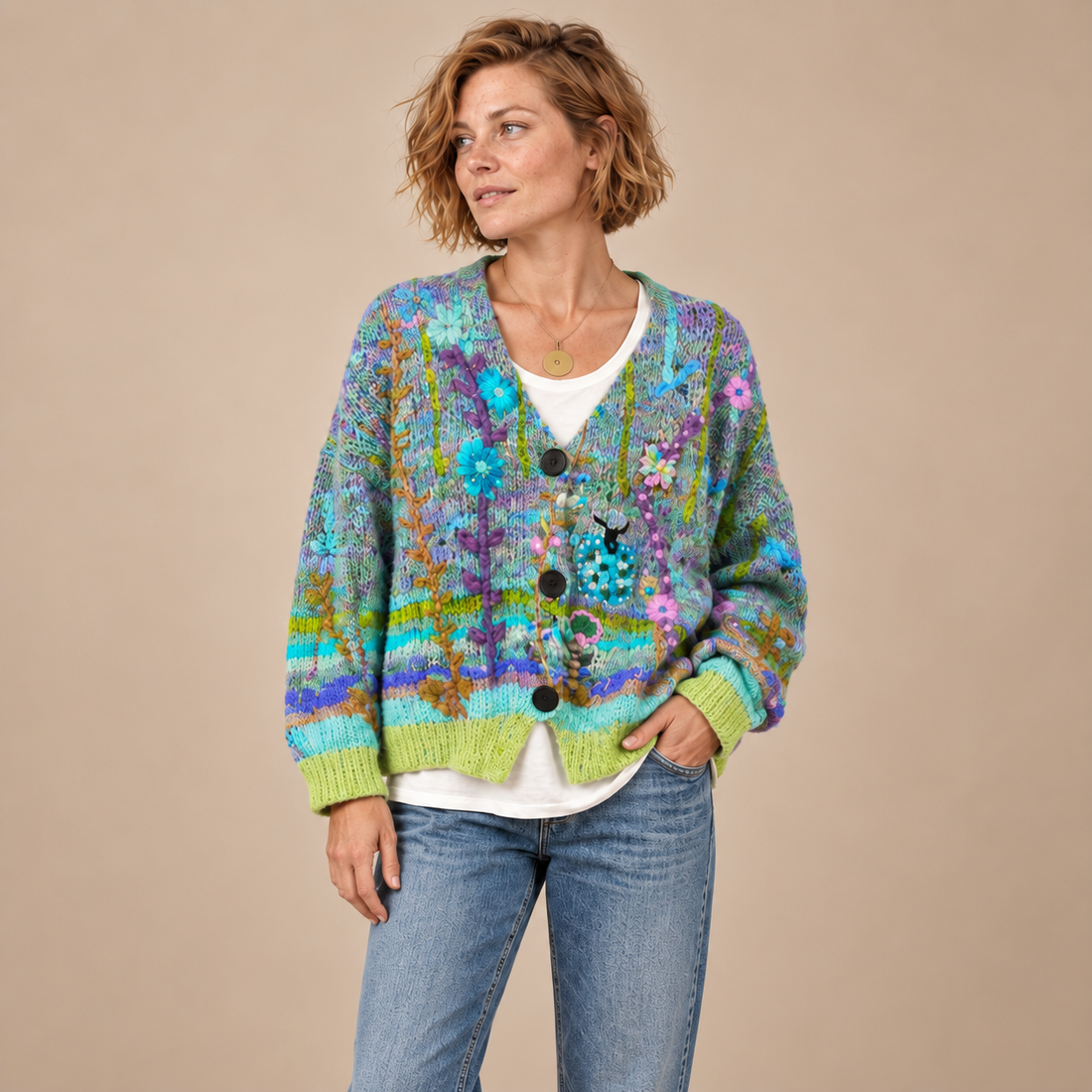 Gebreid damesvest met bloemenborduursel en knoopsluiting