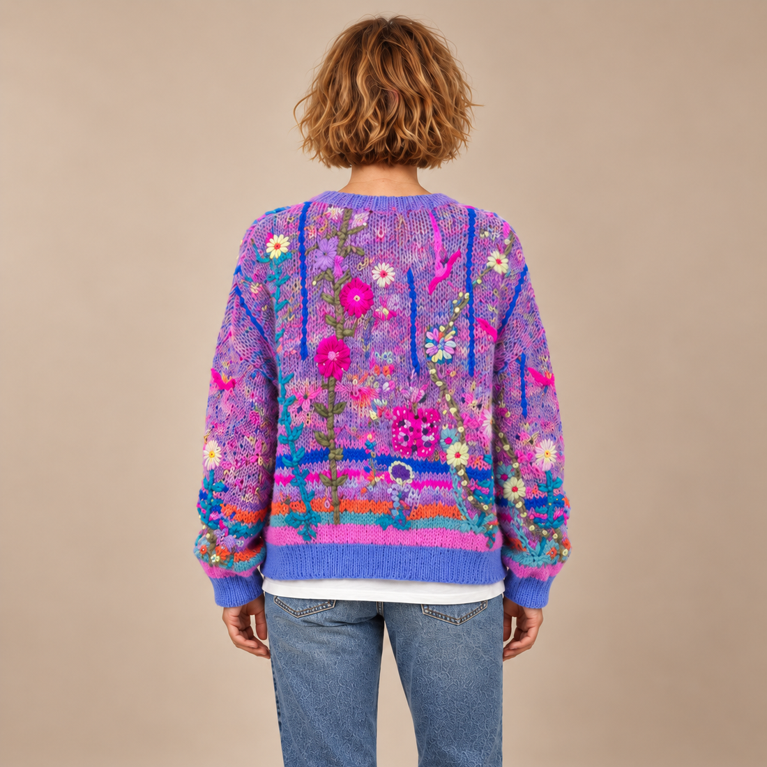 Gebreid damesvest met bloemenborduursel en knoopsluiting
