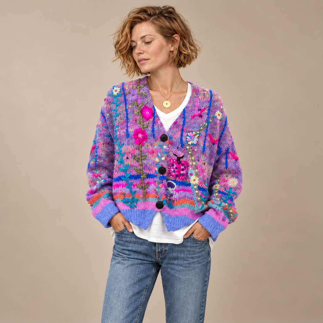 Gebreid damesvest met bloemenborduursel en knoopsluiting