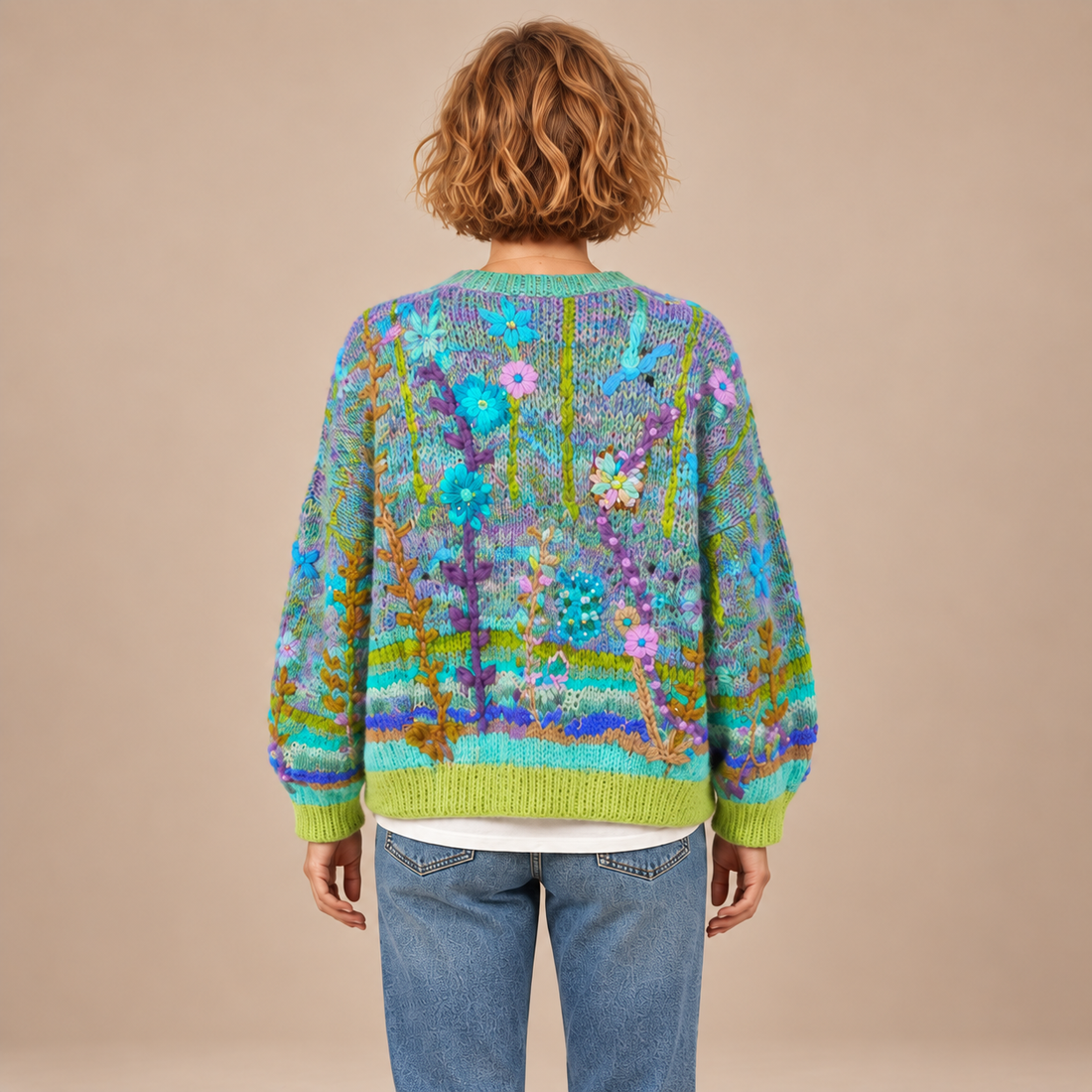 Gebreid damesvest met bloemenborduursel en knoopsluiting