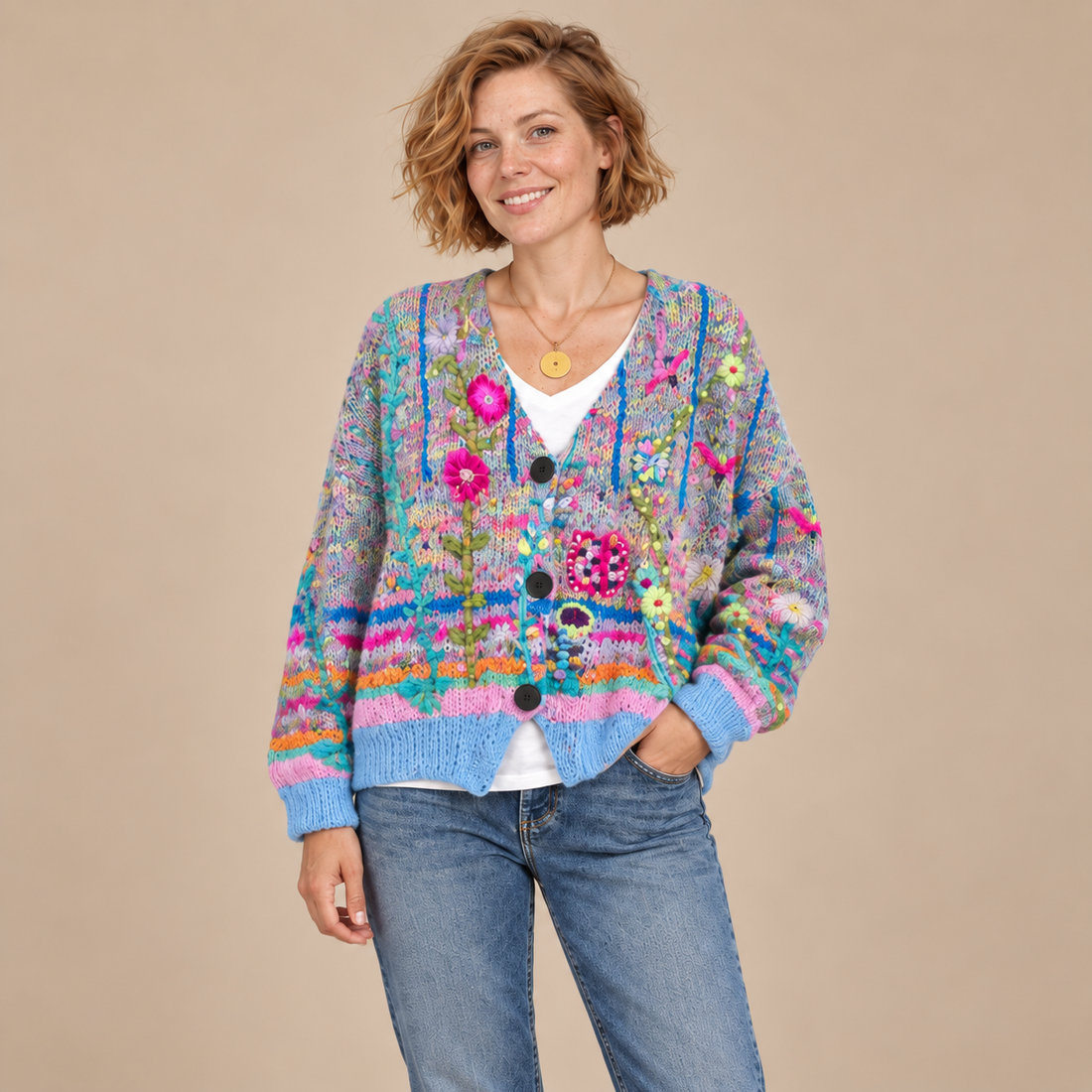 Gebreid damesvest met bloemenborduursel en knoopsluiting