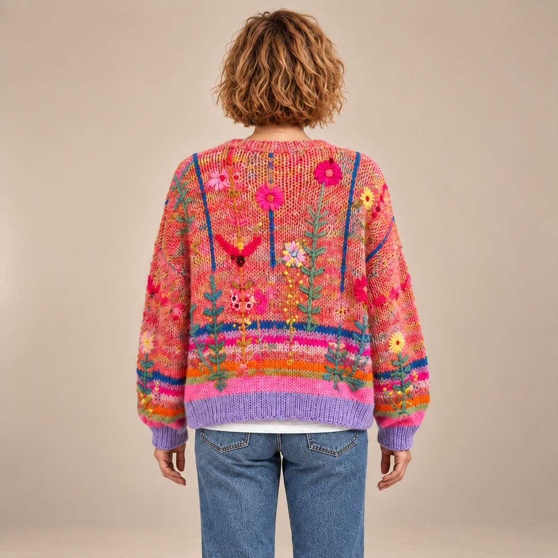 Gebreid damesvest met bloemenborduursel en knoopsluiting