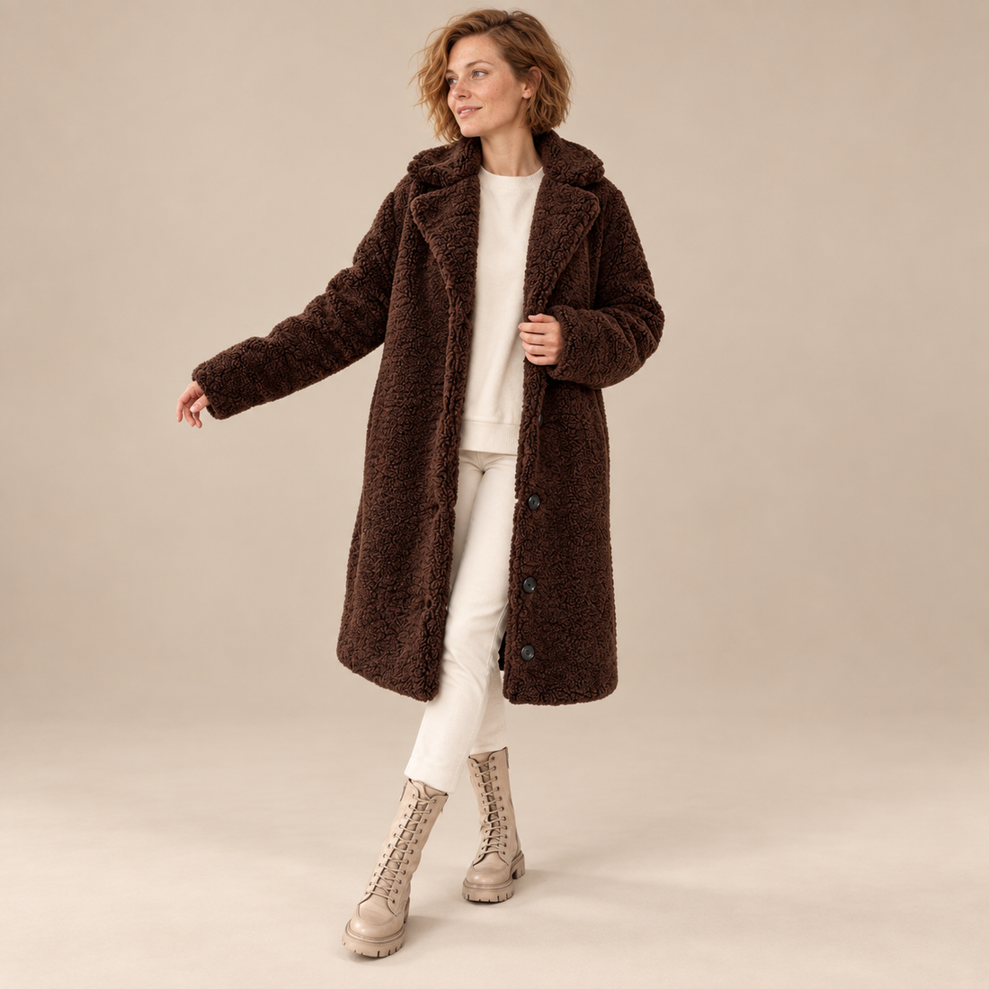 Lange teddyjas voor dames met revers