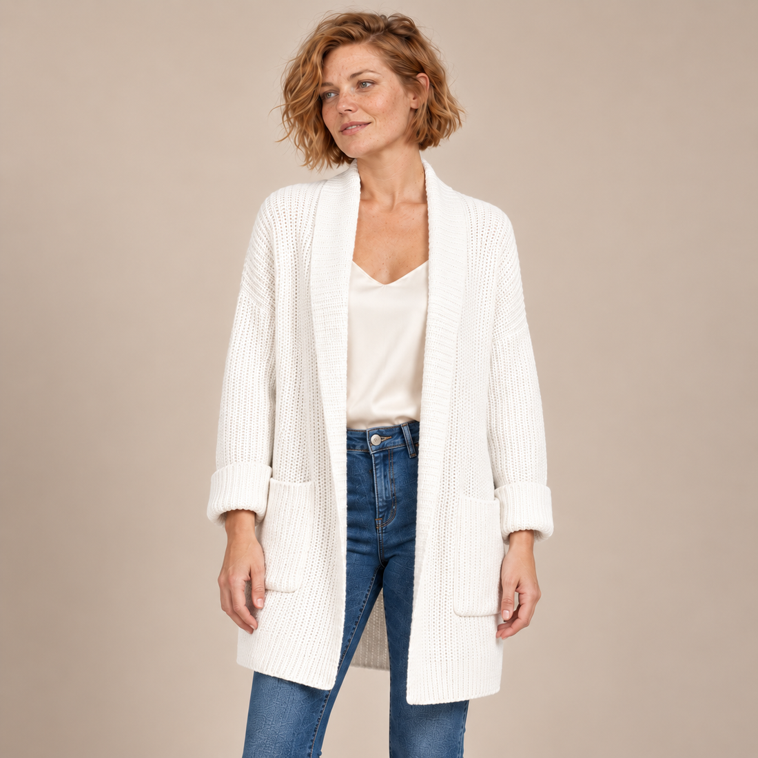 Damesvest met V-hals en ribstructuur