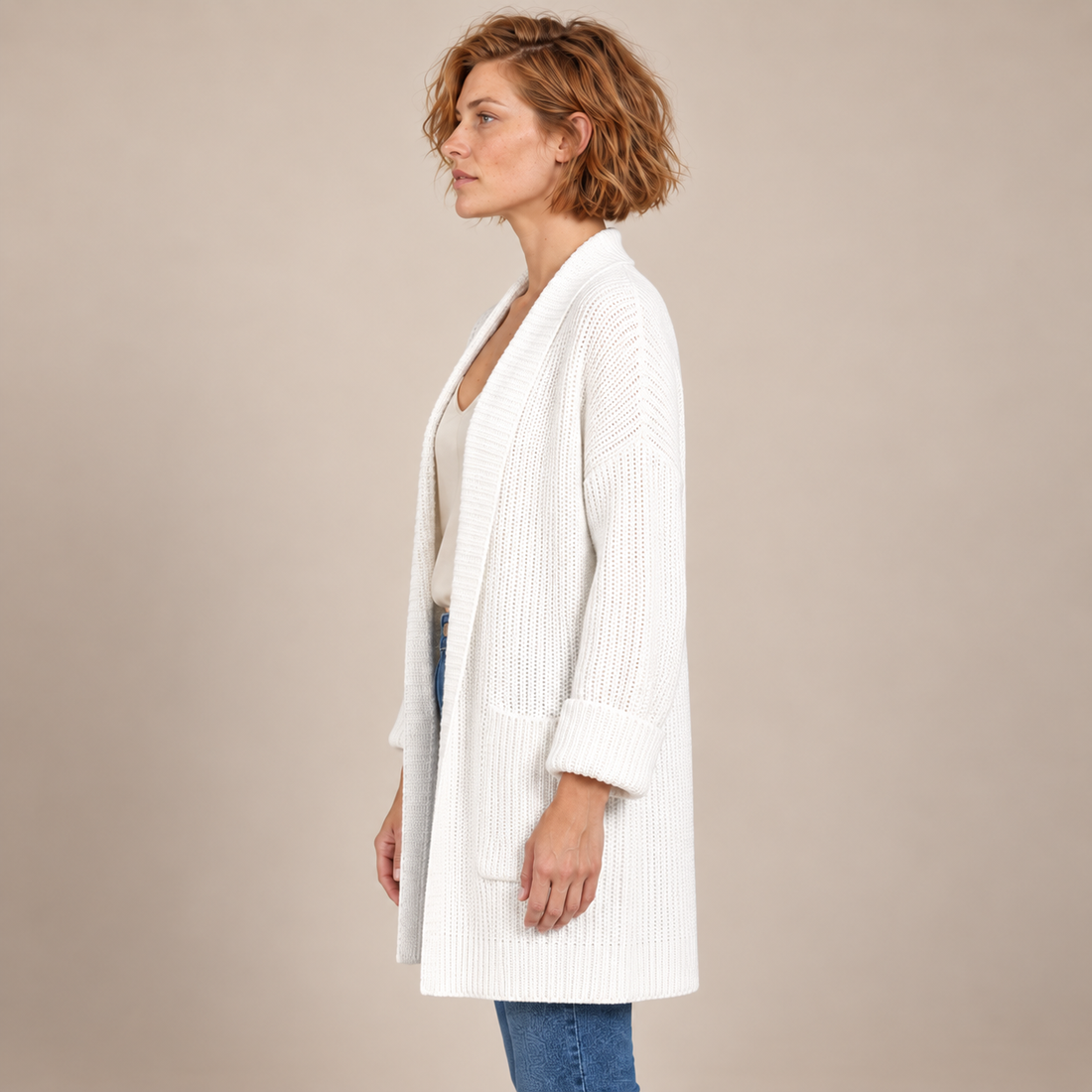 Damesvest met V-hals en ribstructuur