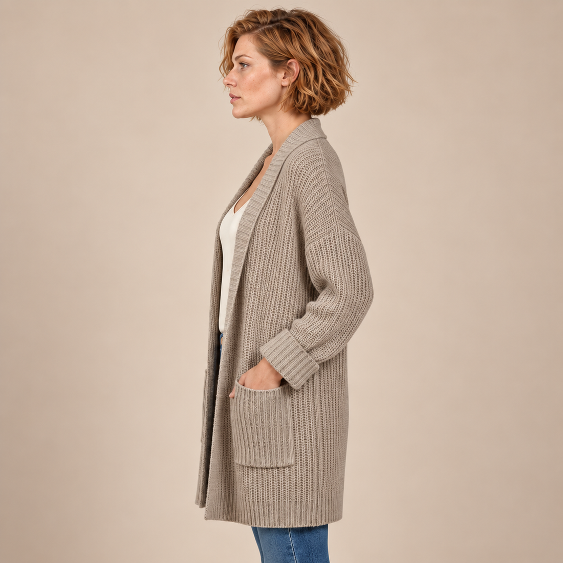 Damesvest met V-hals en ribstructuur