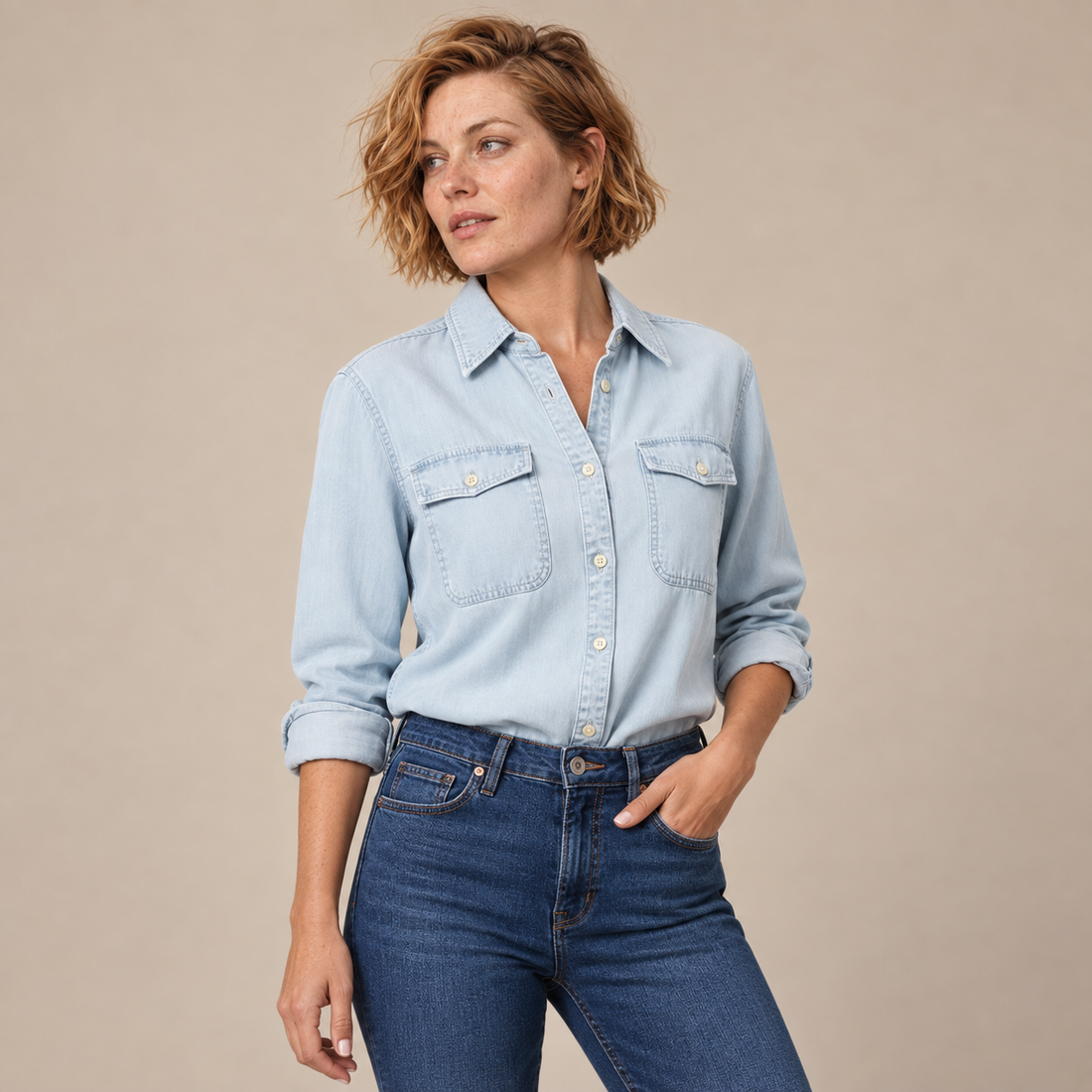 Spijkerblouse voor dames met knoopsluiting en lange mouwen
