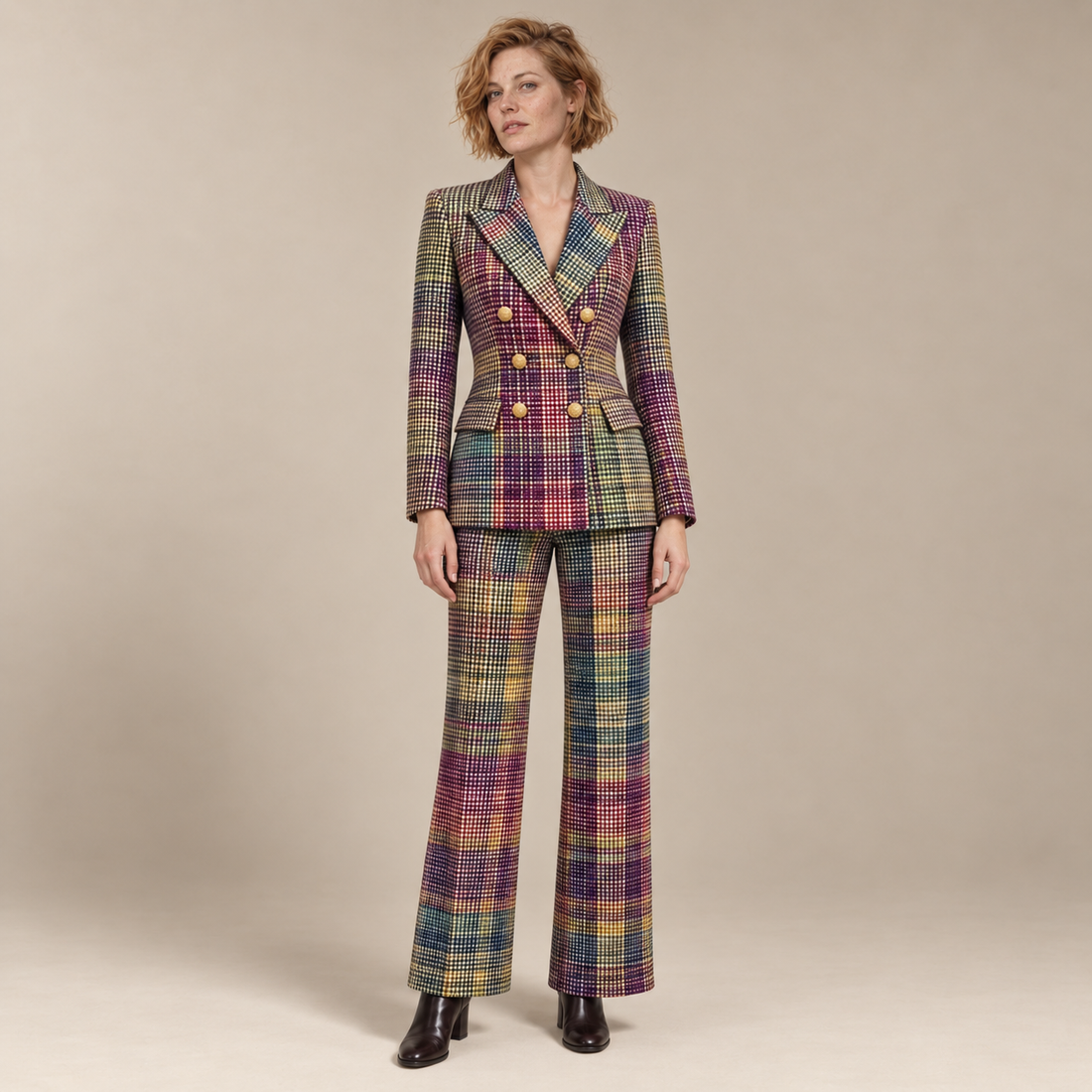 Damespak met dubbelrijige blazer en wijde broek