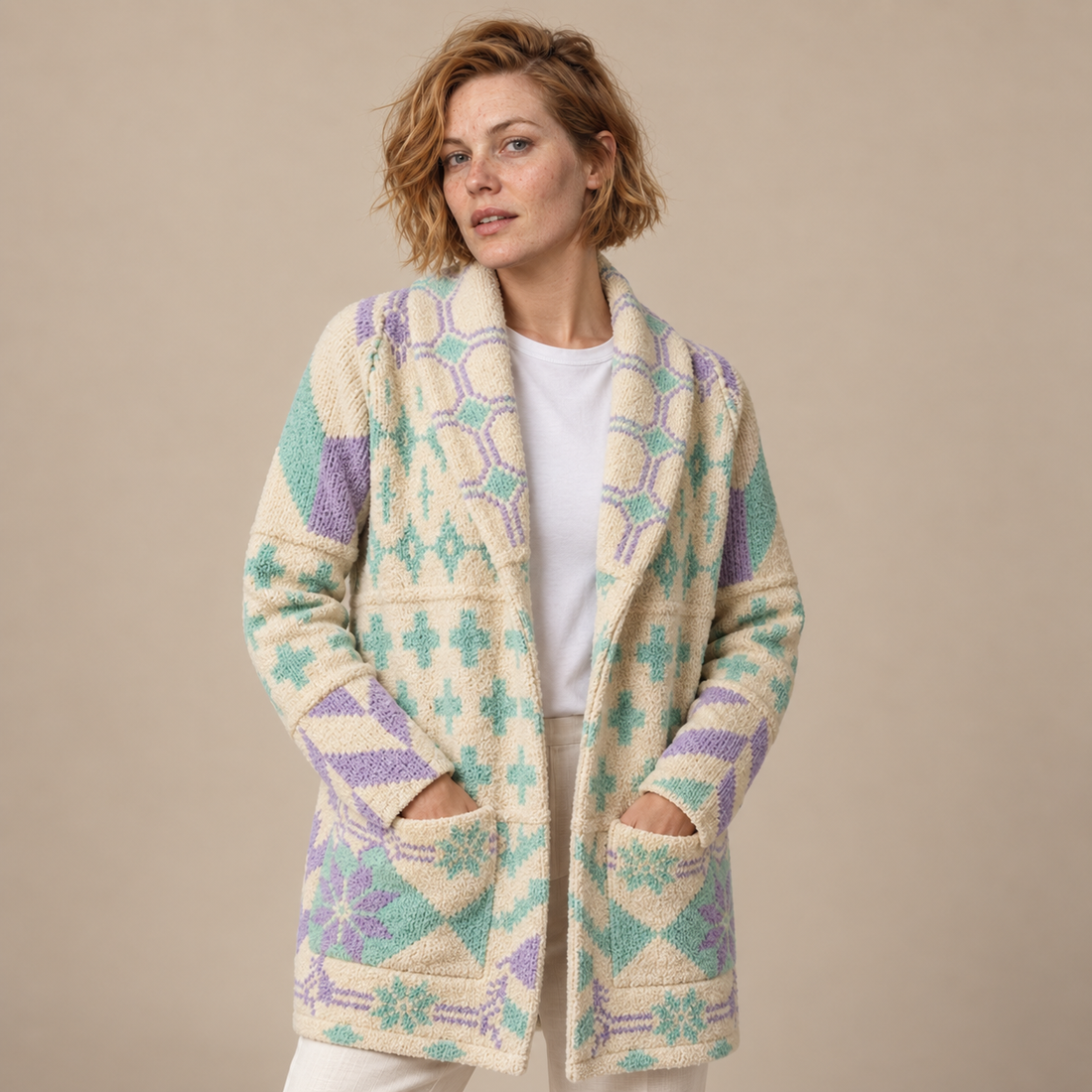 Damesvest met knoopsluiting en gebreid patroon