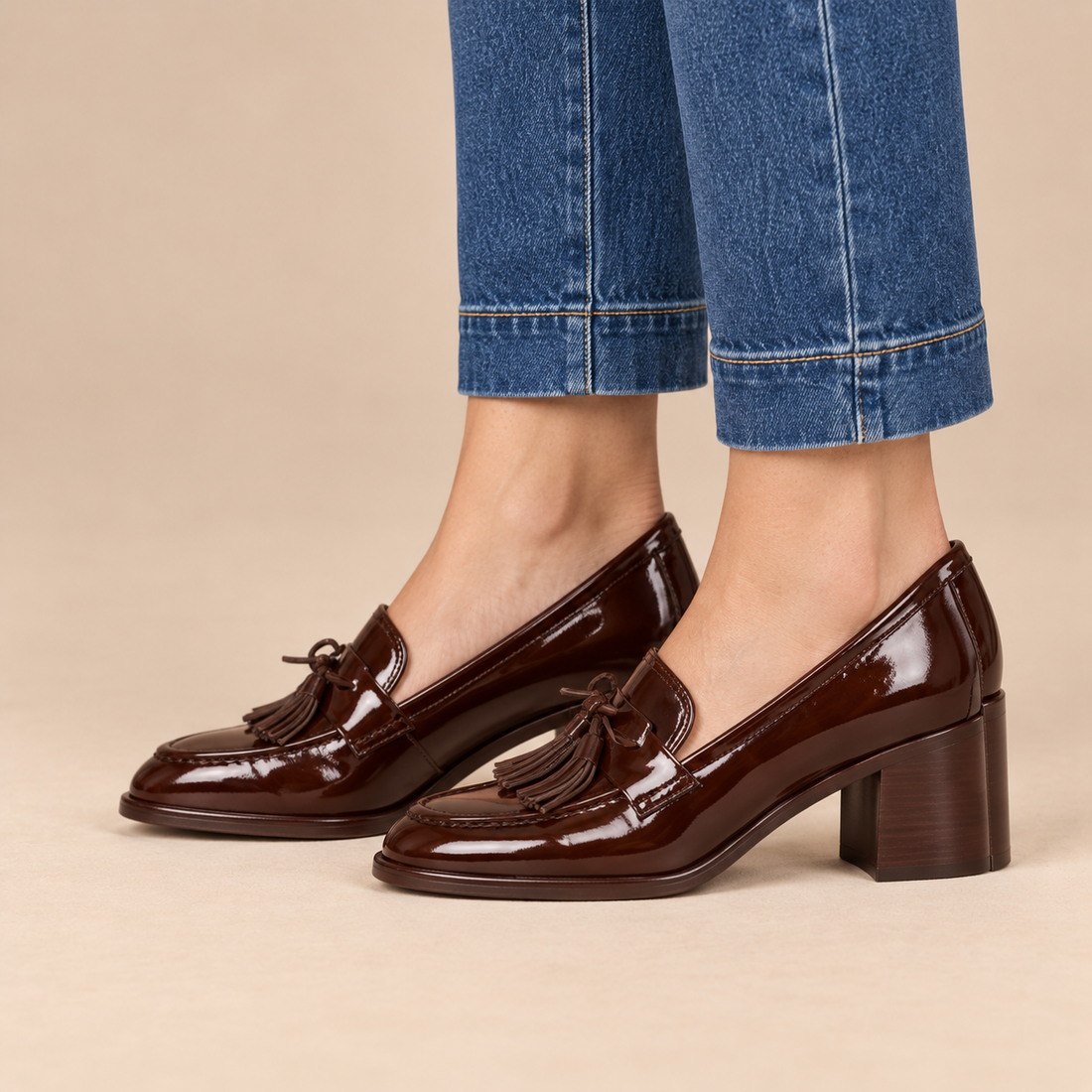 Leren loaferpumps voor dames met kwastdetail en blokhak