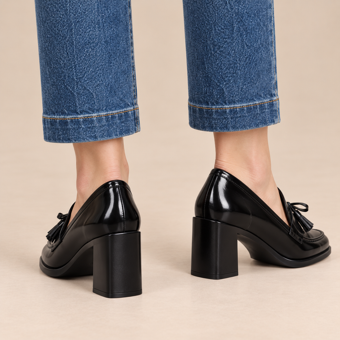 Leren loaferpumps voor dames met kwastdetail en blokhak
