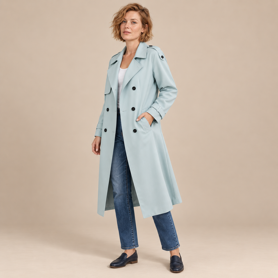 Dubbelrijige damestrenchcoat met strikceintuur en ontspannen pasvorm