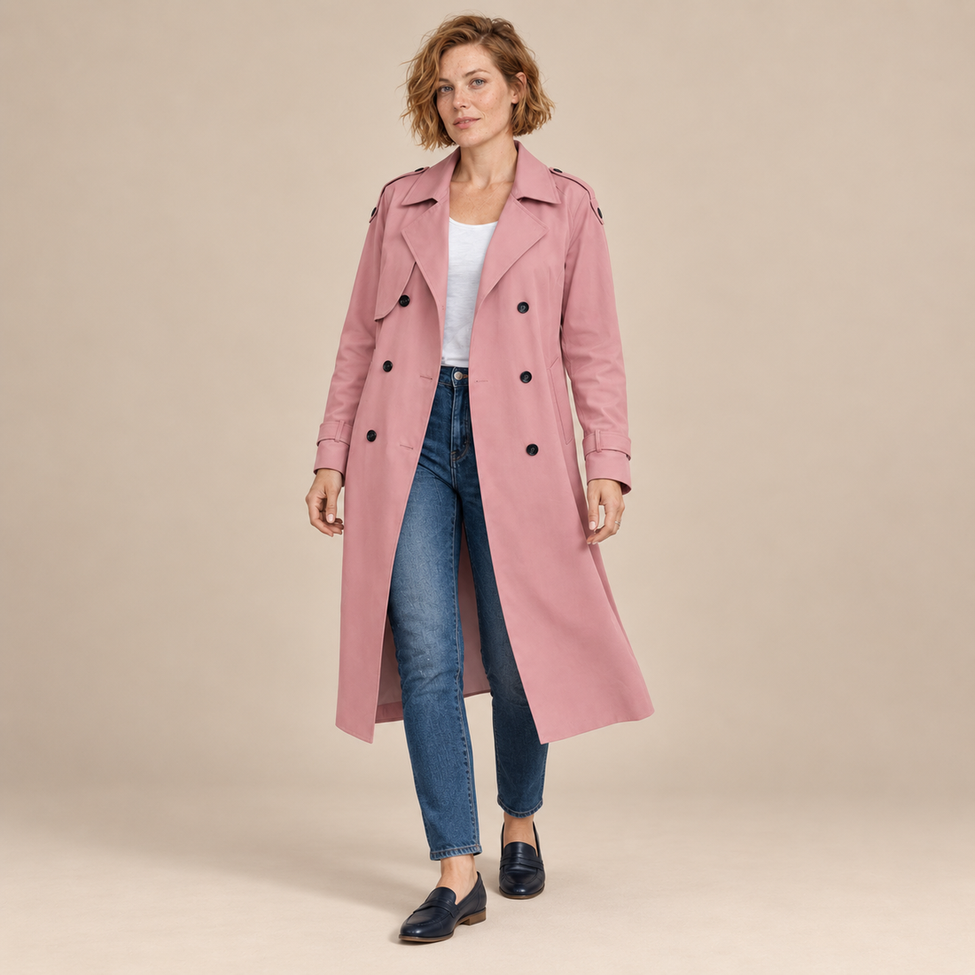 Dubbelrijige damestrenchcoat met strikceintuur en ontspannen pasvorm
