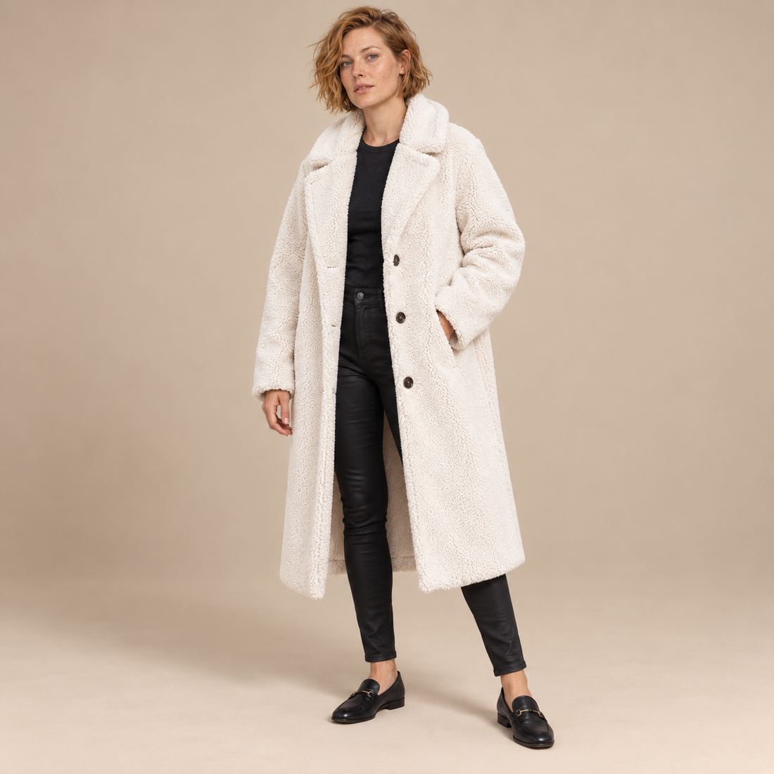 Lange teddyjas voor dames met reverskraag
