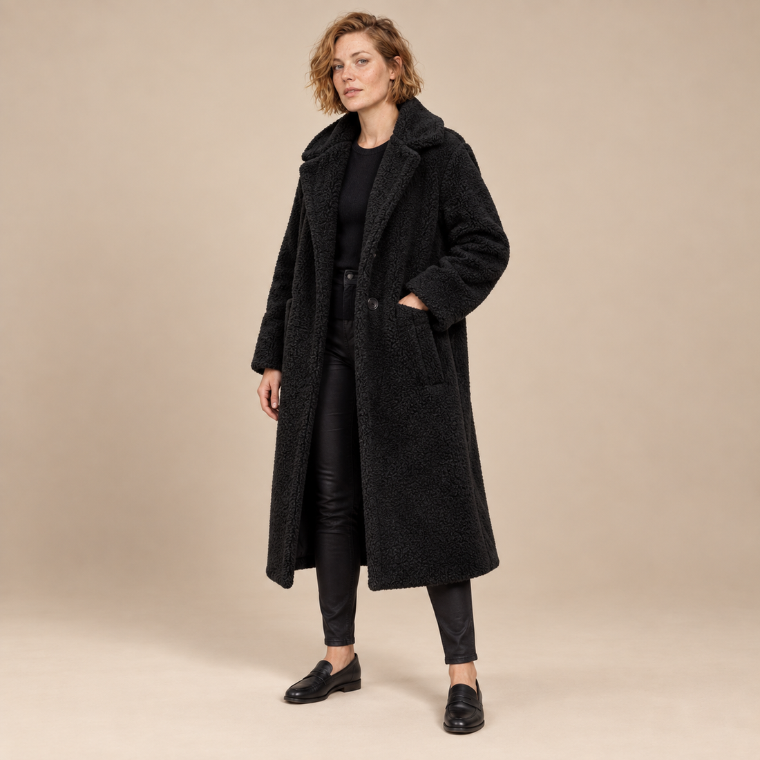Lange teddyjas voor dames met reverskraag