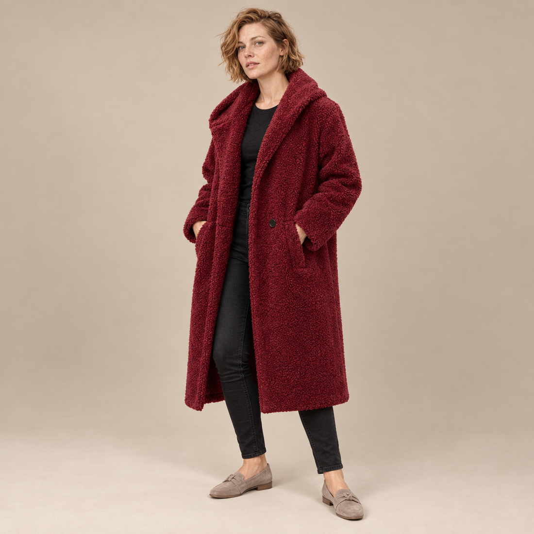 Lange teddyjas voor dames met reverskraag