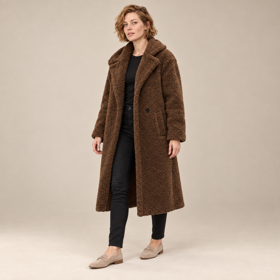 Lange teddyjas voor dames met reverskraag