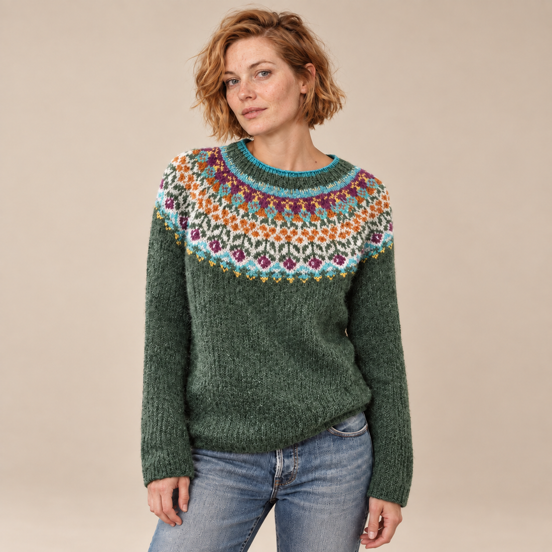 Fair Isle-trui voor dames met kleurrijke pas en ronde hals