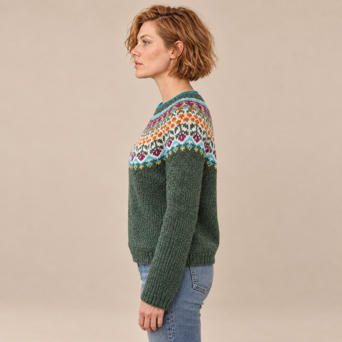 Fair Isle-trui voor dames met kleurrijke pas en ronde hals