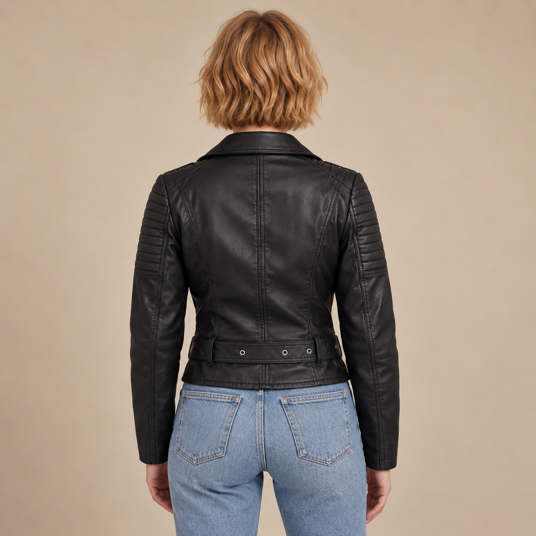 Bikerjack voor dames met doorgestikte mouwen en ceintuur met gesp