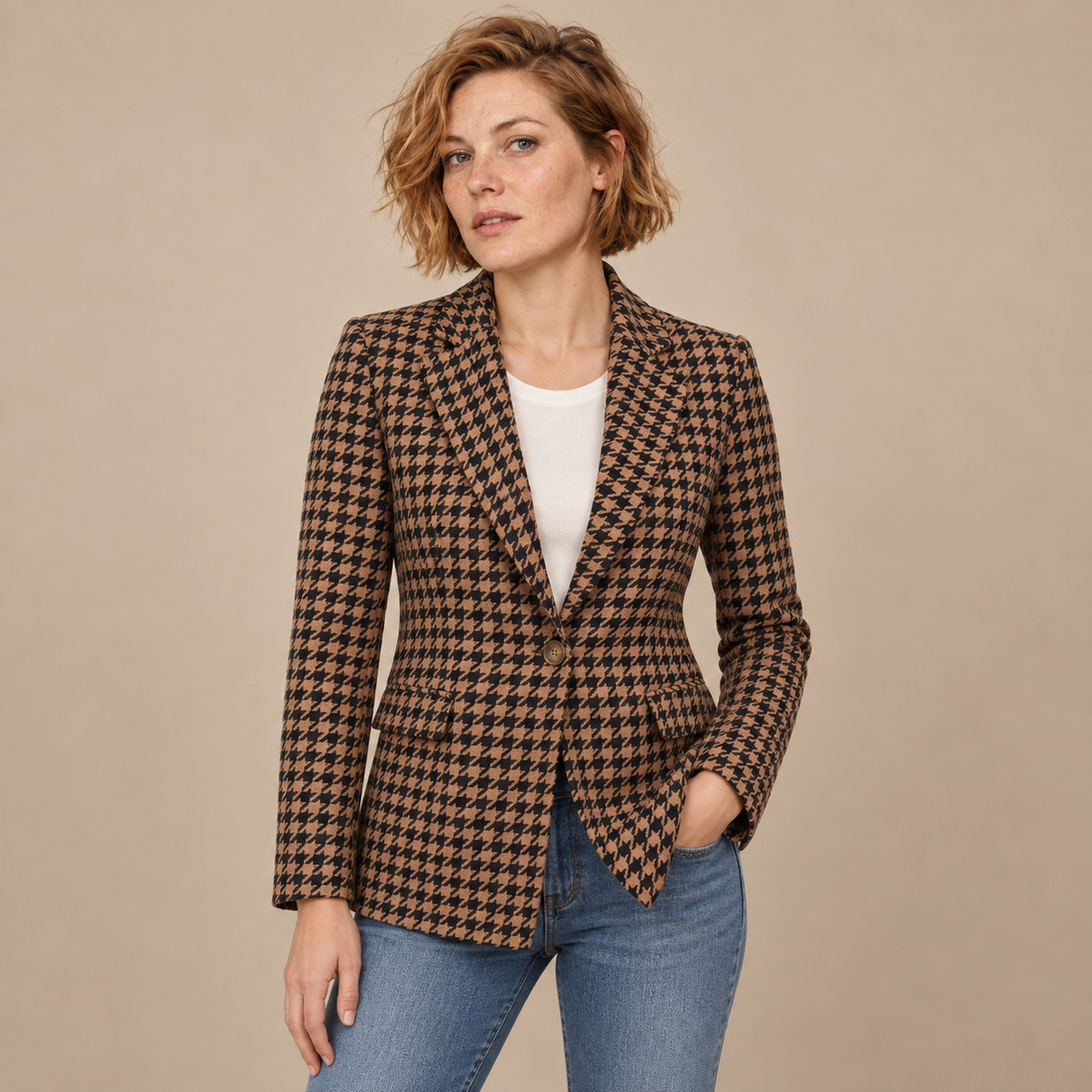 Getailleerde damesblazer met pied-de-poule en één knoop