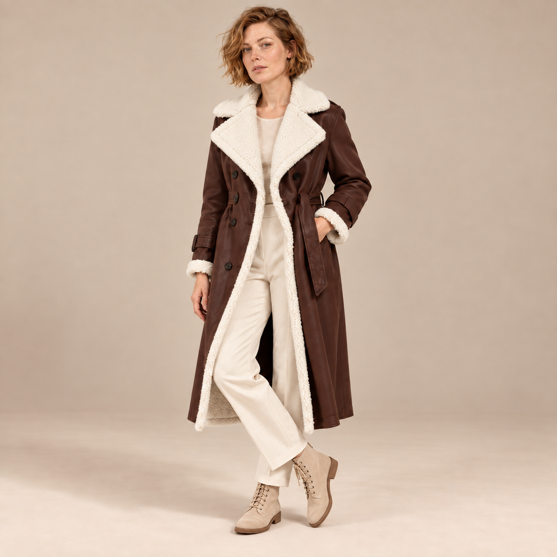 Dubbelrijige damestrenchcoat met sherpavoering