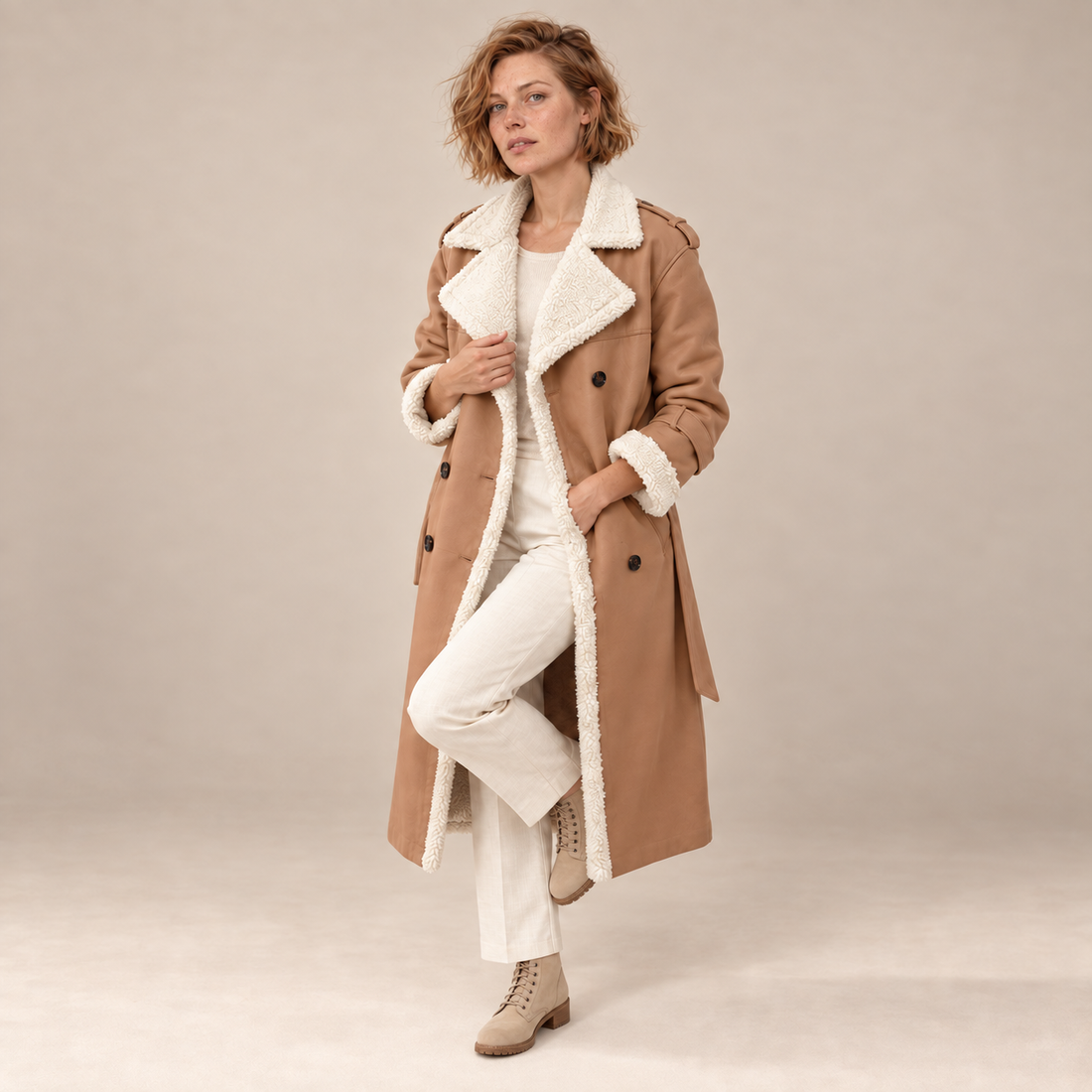 Dubbelrijige damestrenchcoat met sherpavoering