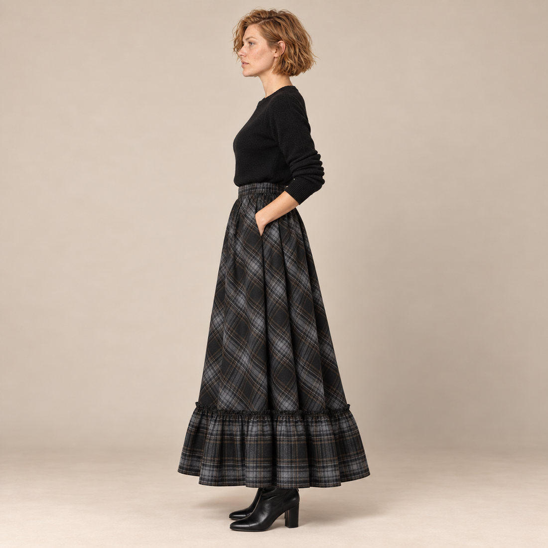 Maxirok voor dames met hoge taille en ruitpatroon
