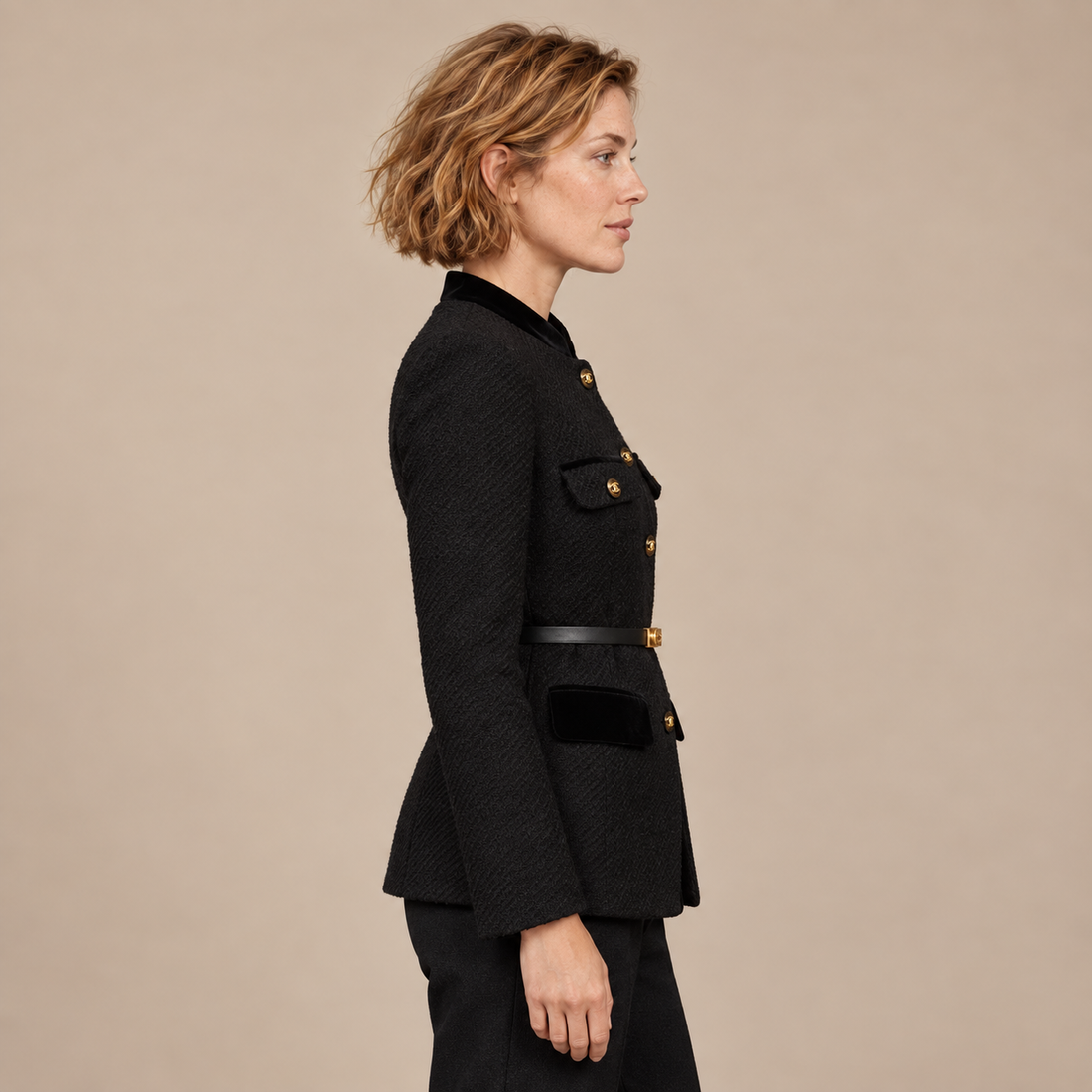 Damesblazer met ceintuur en knoopsluiting